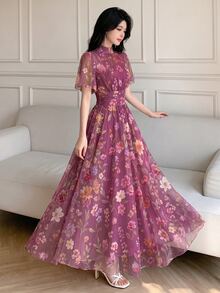Modelyn 花卉水彩紮染印花半高領荷葉邊短袖法式長洋裝，百褶腰收身顯瘦，淡粉色網紗 - 彩色 - 查看 3