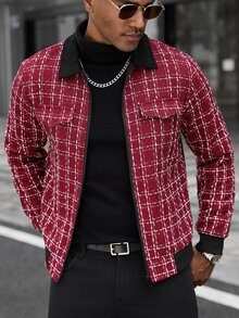 Manfinity CasualCool 男士休閒格紋拉鍊夾克，適合日常外出與朋友聚會，送給男友或丈夫的理想禮物，秋季風格，聖誕老錢風 - 彩色 - 查看 1