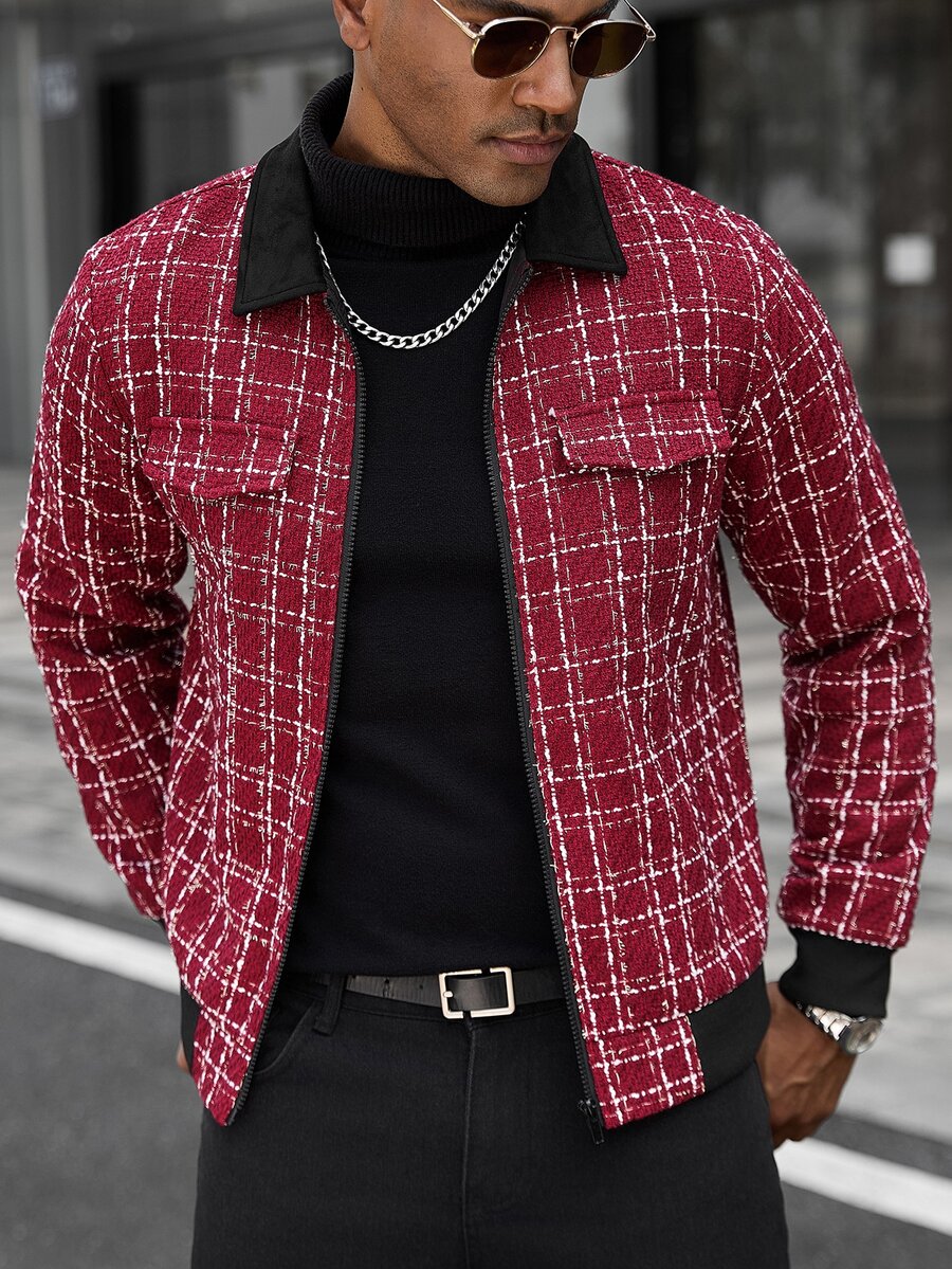 Manfinity CasualCool 男士休閒格紋拉鍊夾克，適合日常外出與朋友聚會，送給男友或丈夫的理想禮物，秋季風格，聖誕老錢風 - 彩色 - 查看 1