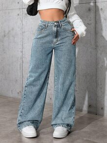 SHEIN 青少年女孩休閒日常牛仔褲，附口袋與鈕扣 - 淺色水洗藍 - 查看 5