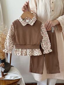 SHEIN Baby Girl 3 Pieces Set Floral Ruffle Long Sleeve Shirt, Elastic Ribbed Thick Vest, Thick Straight Leg Autumn Pants, Versatile For Winter - Brown - View 4