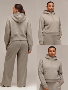 GLOWMODE Plus Size Everyday Fleece Keep It Cozy Oversized Half-Zip Hoodie With Thumbholes & Side Pockets Daily Casual Fall Winter Wear - Khaki - View 8