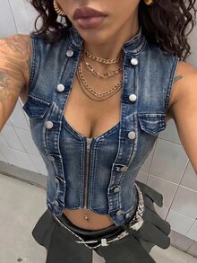StreetHx 女款雙排扣拉鍊休閒百搭牛仔夾克 - 藍色 - 查看 6