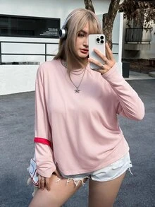 SHEIN EZwear 大尺碼女款純色圓領寬鬆長袖休閒T恤，春夏秋季 - 粉色 - 查看 5