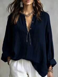 Linhara CURVE Plus Size Woven Casual Office-Style Autumn Shirt Fall - Navy Blue - View 1
