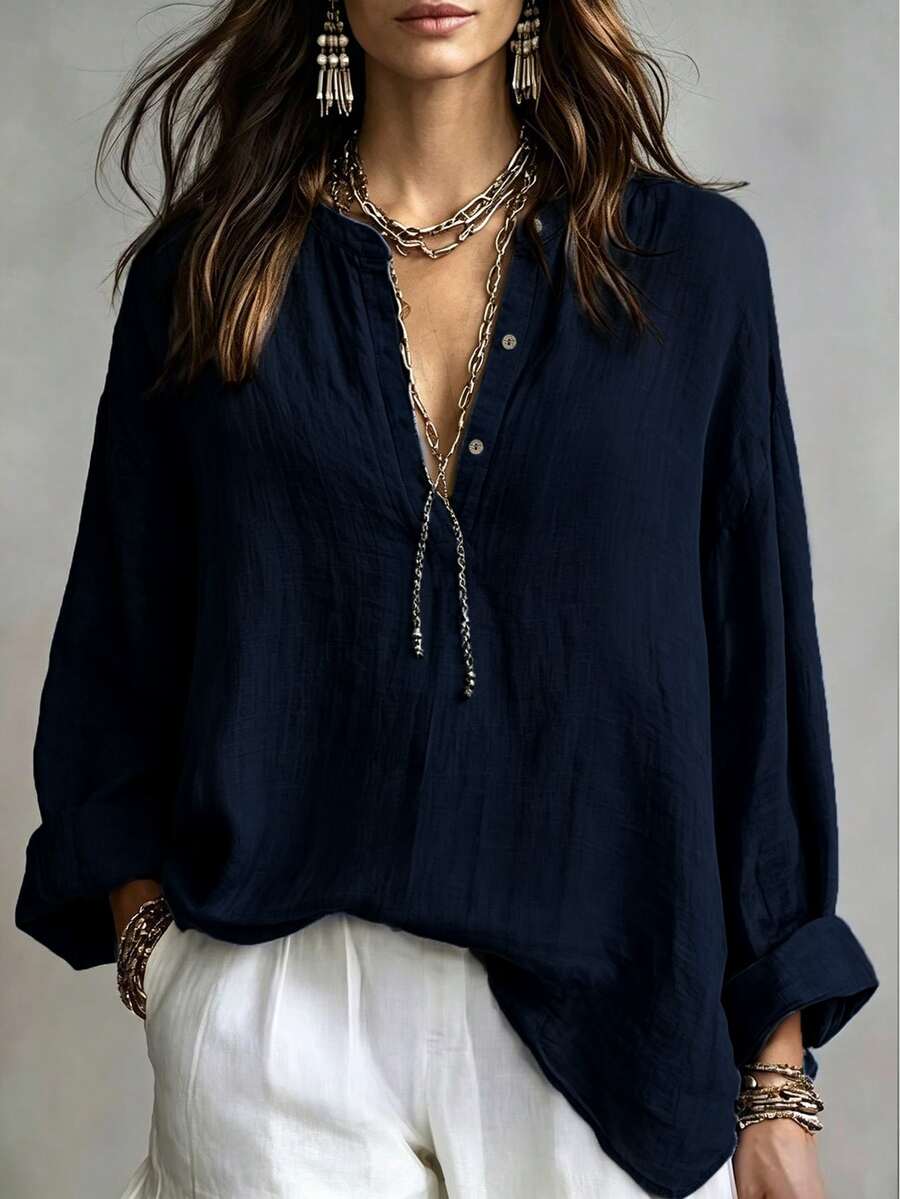 Linhara CURVE Plus Size Woven Casual Office-Style Autumn Shirt Fall - Navy Blue - View 1