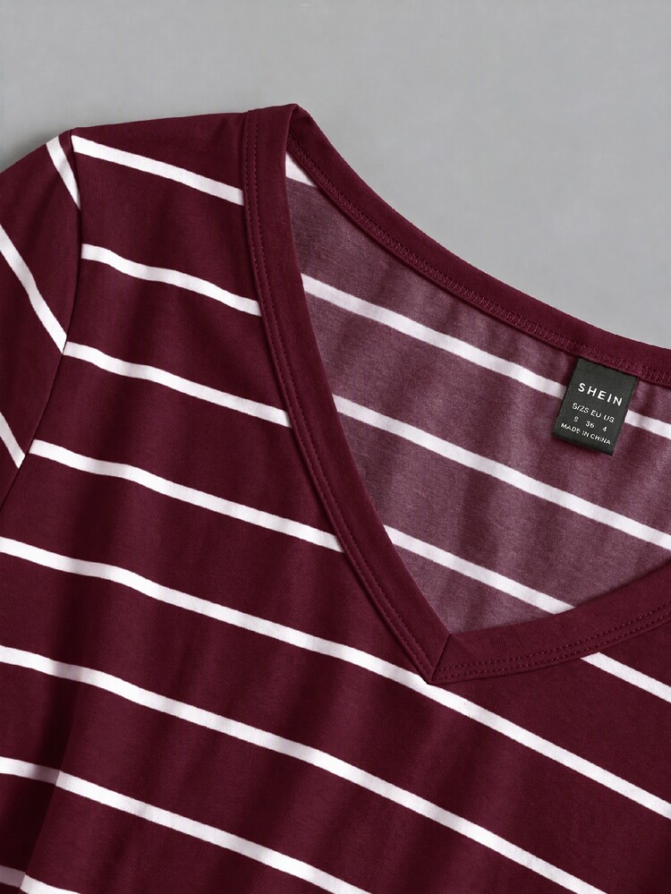 Attitoon Women's Korean Style Striped Colorblock Long Sleeve V-Neck T-Shirt - Red - View 5