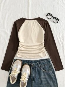 1pc Tween Girl Tween Girl T-Shirt, Fall Tops, Round Neck Long Sleeve Slim Fit T-Shirt With English Letter Graphic - Brown - View 2