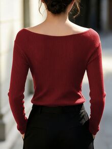 Balvessa French Style Off-Shoulder Twisted Knot Brushed Ribbed Knit Long Sleeve Top, Women's Autumn/Winter New Design Gentle Elegant Blouse, Suitable For Daily Wear, Commuting, Inner Layering T-Shirt, Office Outfit - Burgundy - View 2