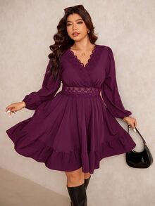 Elaquor 大尺碼女款純色對比蕾絲V領長袖優雅洋裝 - 酒紅色 - 查看 1