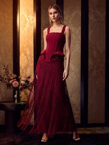 MOTF Soiréza ELEGANT STRAPS SLEEVELESS MAXI GOWN WITH FRINGE HEM FOR FORMAL PARTIES, WEDDINGS, GALAS - Burgundy - View 1