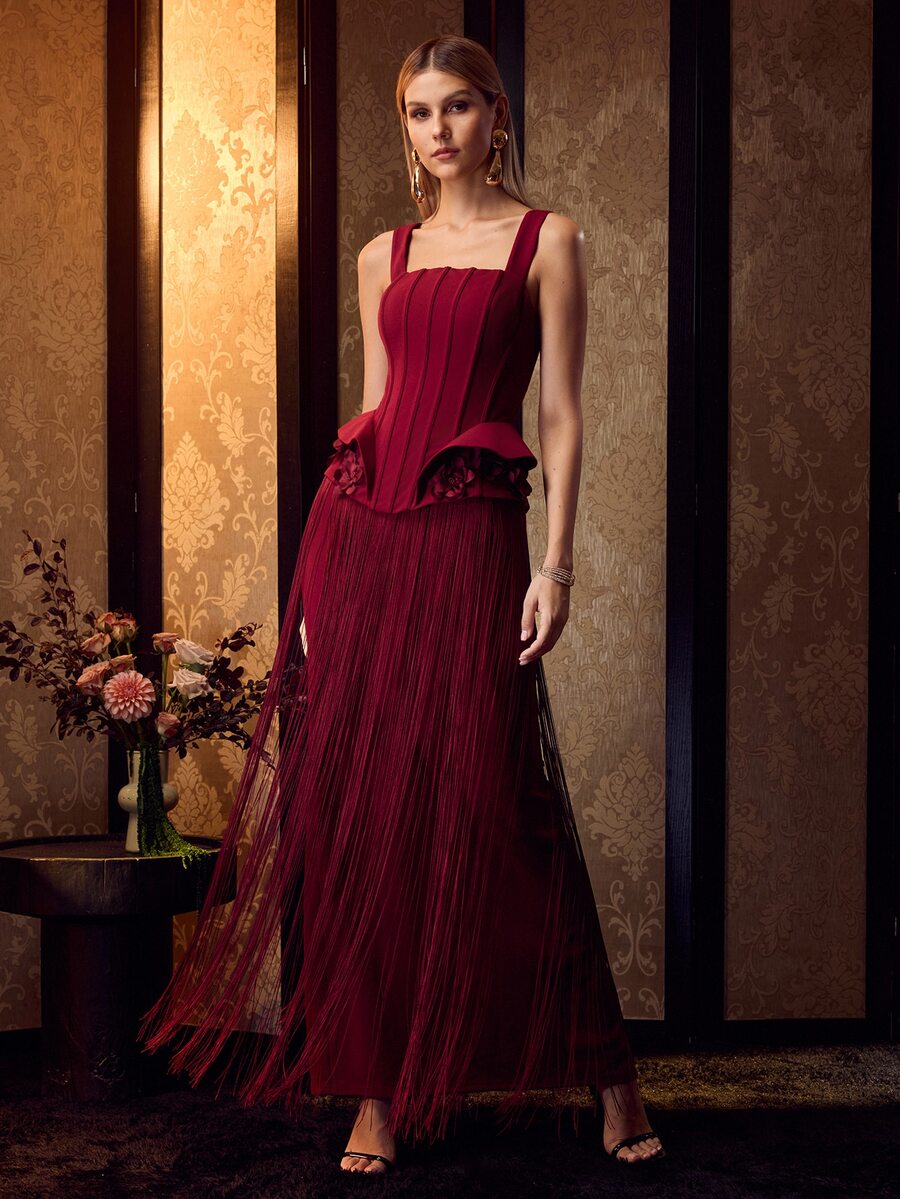 MOTF Soiréza ELEGANT STRAPS SLEEVELESS MAXI GOWN WITH FRINGE HEM FOR FORMAL PARTIES, WEDDINGS, GALAS - Burgundy - View 1