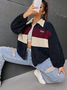 SHEIN EZwear جاكيت مقاس كبير بتصميم كتل لونية مع سحاب، جاكيت كتل لونية خريف/شتاء للنساء، جاكيت مخمل، جاكيت قصير، جاكيت Y2k - عنابي اللون - مشاهدة 1