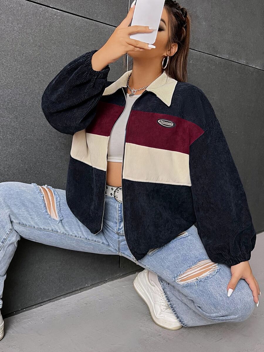 SHEIN EZwear جاكيت مقاس كبير بتصميم كتل لونية مع سحاب، جاكيت كتل لونية خريف/شتاء للنساء، جاكيت مخمل، جاكيت قصير، جاكيت Y2k - عنابي اللون - مشاهدة 1