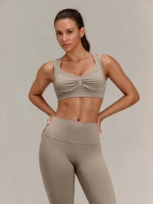 GLOWMODE Seamless Summer Glow Racerback Sports Bra With Mock 2-In-1 Push-Up Design & Removable Cups Low Impact Yoga Pilates Studio Active Wear - Khaki - View 1