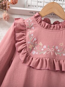 SHEIN 少女花卉刺繡荷葉領長袖可愛洋裝 - 粉色 - 查看 5