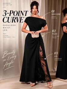 Penseblé Women's Minimalist Sexy Party Dinner Cocktail Wedding Elegant Fluffy Lace Trim Slit Ruched Asymmetrical Neckline Solid Color Dress Black Summer - Black - View 1