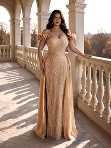 Coutiva Off-Shoulder Sweetheart Neckline Heavy Beaded Embroidery 3D Floral Decor Fitted Mermaid Side Slit Patchwork Train Long Dress - Dusty Pink - View 5