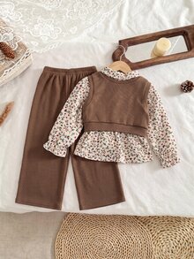 SHEIN Baby Girl 3 Pieces Set Floral Ruffle Long Sleeve Shirt, Elastic Ribbed Thick Vest, Thick Straight Leg Autumn Pants, Versatile For Winter - Brown - View 2