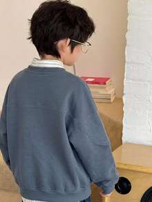 Dazy Kids Sweatshirt Pullover Leher Bulat Dasar Jahitan Kontras untuk Anak Laki-laki (Ukuran Besar), Potongan Longgar, Musim Gugur/Dingin - Navy Blue - View 4