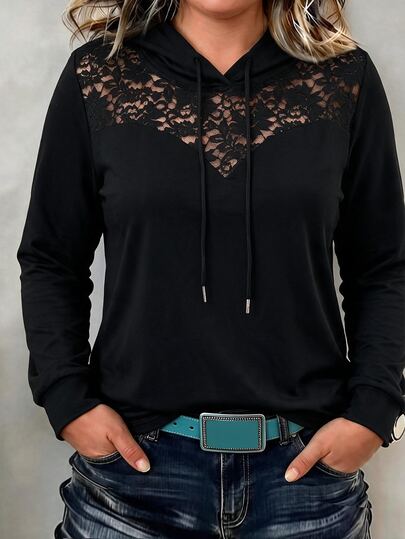 SHEIN LUNE CURVE Plus Size Women's Spring/Autumn Casual Minimalist Daily Commute Versatile Lace Fabric Patchwork Mesh Design Hooded Sweatshirt With Drawstring, Solid Color