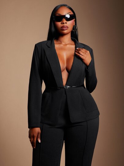 Radiana Plus Size Women's Autumn/Winter New Minimalist Elegant Charming Solid Color Deep V-Neck Cinched Waist Waist Blazer, All-Match Versatile, Casual Daily Wear, Office/Old Money/Suit