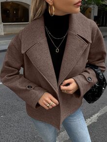 Struktiv Women's Large Lapel Decorative Button Long Sleeve Wool Coat - Coffee Brown - View 7