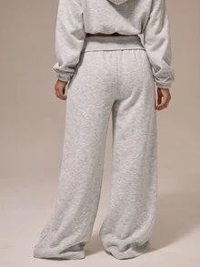 MUSERA ESSENTIALS Off White Fleece Foldover Ribbed Waistband Relaxed Wide Leg Pants Basics Loungewear Casual Everyday Essentials - Grey - View 4