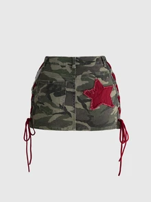 ROMWE Y2K復古低腰紅色對比色英文字母迷彩街頭風女款牛仔裙 - 軍綠色 - 查看 2