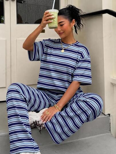 Muchica 2pcs Women's Loose Striped Crew Neck Drop Shoulder Short Sleeve T-Shirt And Elastic Waist Striped Pants, Winter Sweater Set, Autumn/Winter Casual Outfit, New Year Clothing, Christmas, Brown, Long Sleeve 2 Pieces Set, Women's Comfortable Spring 2 Pieces Set