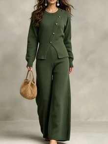 Elenzga Women's Solid Color Long Sleeve Top And Pants Knit 2 Pieces Set - Army Green - View 4