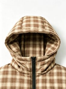 Manfinity Homme معطف شتوي مبطن بغطاء رأس كاجوال متعدد الاستخدامات بنقشة مربعات للرجال - بني - مشاهدة 3
