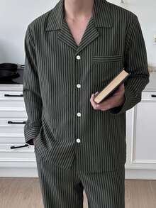 DAZY Spring/Autumn Long Sleeve Dark Gray Striped Long Pants Men's Loungewear Set - Dark Grey - View 8