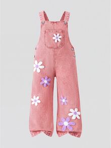 SHEIN ChillGRL Young Girl Floral 3D Decor Denim Bib Overalls Sunflower Girls Outfit Young Girl Outfit Set Autumn Fall - Pink - View 3