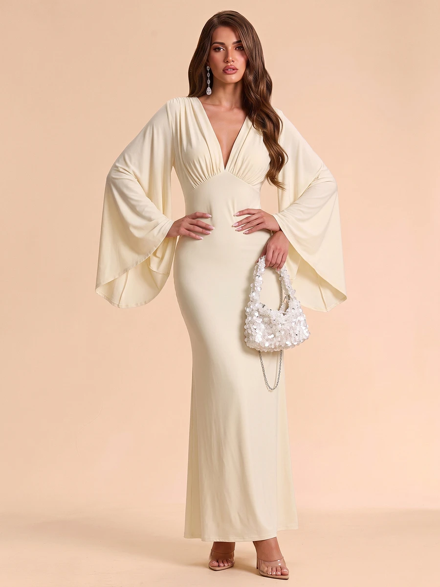Bluhae 26 New Autumn/Winter Chiffon Flutter Long Sleeve Patchwork Knit V-Neck Women's Dress - Apricot - View 1