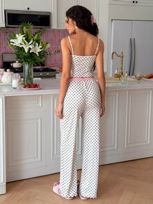 SweetSlumber Sweet INS Contrast Color Polka Dot Print Patchwork Contrast Lace Button Women's Pajama Set - White - View 4