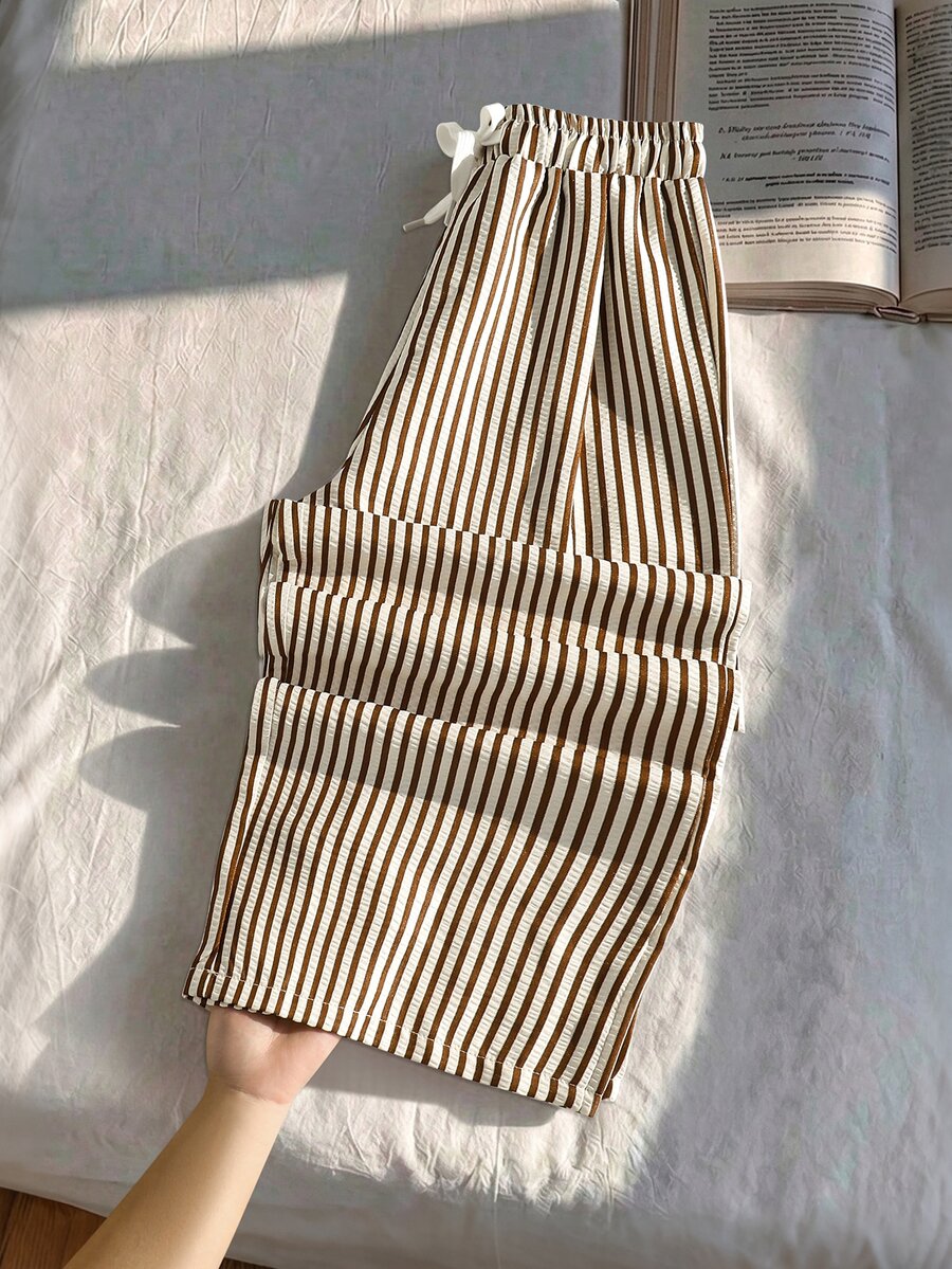 SHEIN Girls' Single Piece Vintage Vertical Striped Wide Leg Pants, High Waist Drawstring Elastic Waist Drapey Loose Casual Straight Leg Long Pants - White - View 1