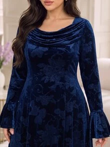 Modelyn Plus Size Women's Cowl Neck Floral Print Casual Party Dress - Navy Blue - View 3