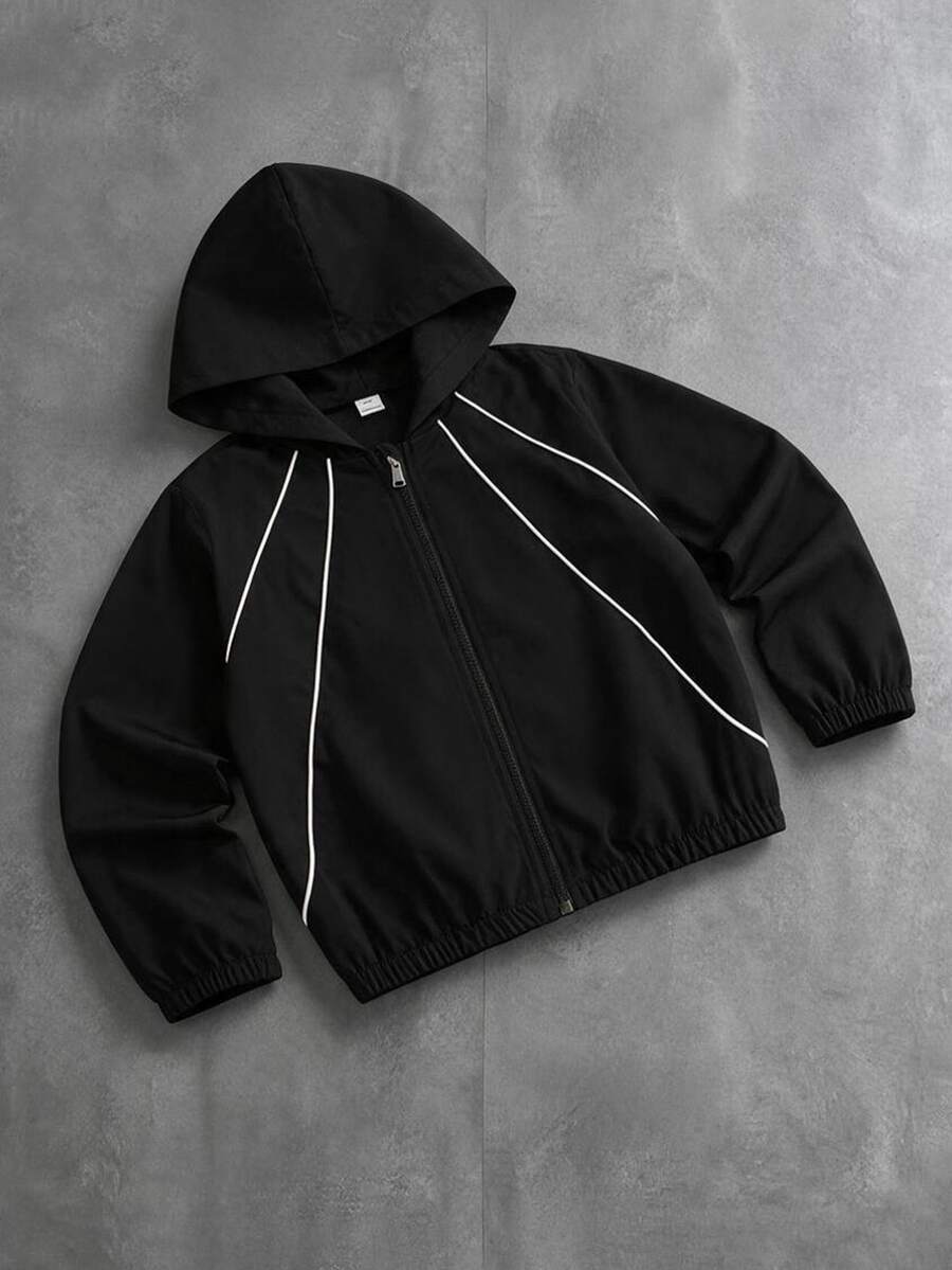 SHEIN 男孩 (大號) 黑色連帽夾克,白色芽條紋設計,適合四季與戶外穿著 - 黑色 - 查看 1