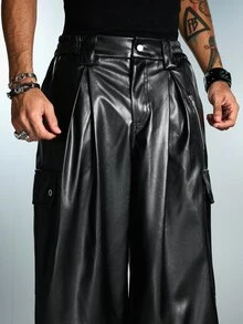 ROMWE MEN Men's PU Loose Wide Leg Long Pants - Black - View 6