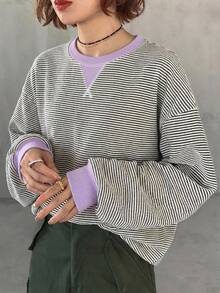 FRIFUL 女款黑白對比色條紋休閒街頭風日常校園長袖T恤 - 黑與白 - 查看 4