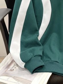 SHEIN 青少年女孩拼色字母印花寬鬆休閒運動衫 秋冬款 - 綠色 - 查看 3
