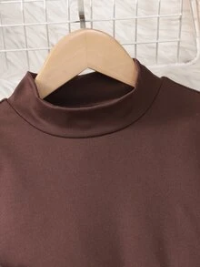 SHEIN 女童大童3件套：無袖鈕扣背心、高領長袖T恤、百褶裙附腰帶，寬鬆舒適，適合春秋季，日常通勤、外出、聚會、拍照、購物 - 棕色 - 查看 4