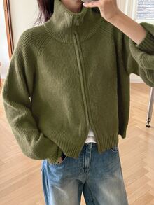 Livesso Women's Green Loose Casual Commute Office Layering Knit Cardigan Sweater, Autumn/Winter - Olive Green - View 4