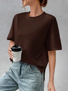 SHEIN Essnce 純棉舒適女款極簡基本款前短後長T恤，時尚，適合外出、搭配、旅行、度假，棕色 - 棕色 - 查看 4