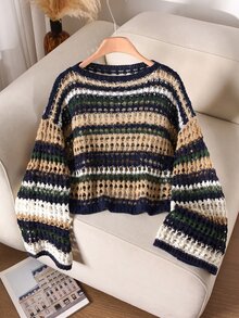 CosyJoli 大尺碼休閒藍白條紋鏤空船領寬鬆短版長袖針織衫/秋冬 - 藏蓝色 - 查看 8