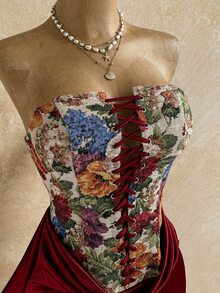 Soleia Women's Floral Print Ruched Elegant Waist-Cinching Strapless Mini Dress For Date - Red - View 5