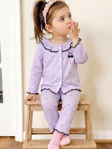 2pcs Baby Girl Comfortable Soft Purple Polka Dot Cherry Pattern Round Neck Ruffle Trim Button Front Long Sleeve Pants Flame Retardant Pajama Set - Mauve Purple - View 8