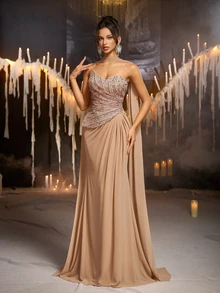Glamrae Elegant Champagne Sequin Sequins Chiffon Strapless Sweetheart Ruched Draped Peplum Cape Mermaid Train Wedding Guest Prom Ball Autumn Evening Gown - Champagne - View 8