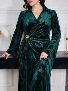 Modelyn Plus Size Women's V-Neck Metal Decor Casual Party Dress - Dark Green - View 7
